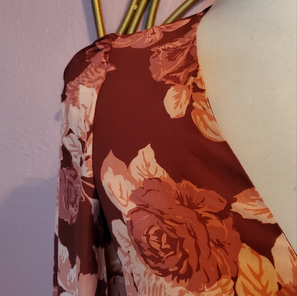 GLAMOROUS ASOS Pink Taupe Floral Print Rose Puff Sleeves Blouse 2 - Picture 5 of 7